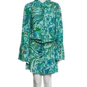FIGUE Floral Boho Romper Tassel Waist Long Sleeve Blue Green Size S Resort